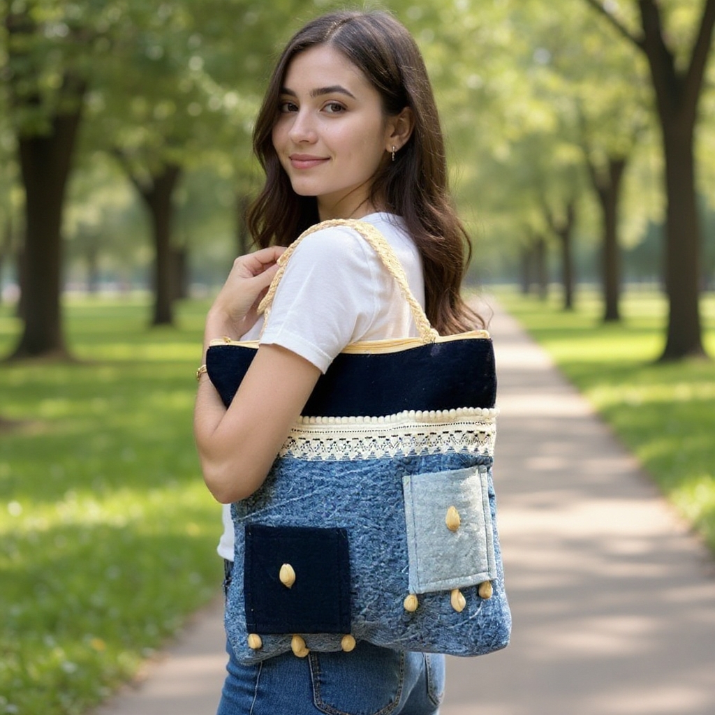 Stylish Tote Bag For Women Denim Canvas DS140 BLUE BLACK
