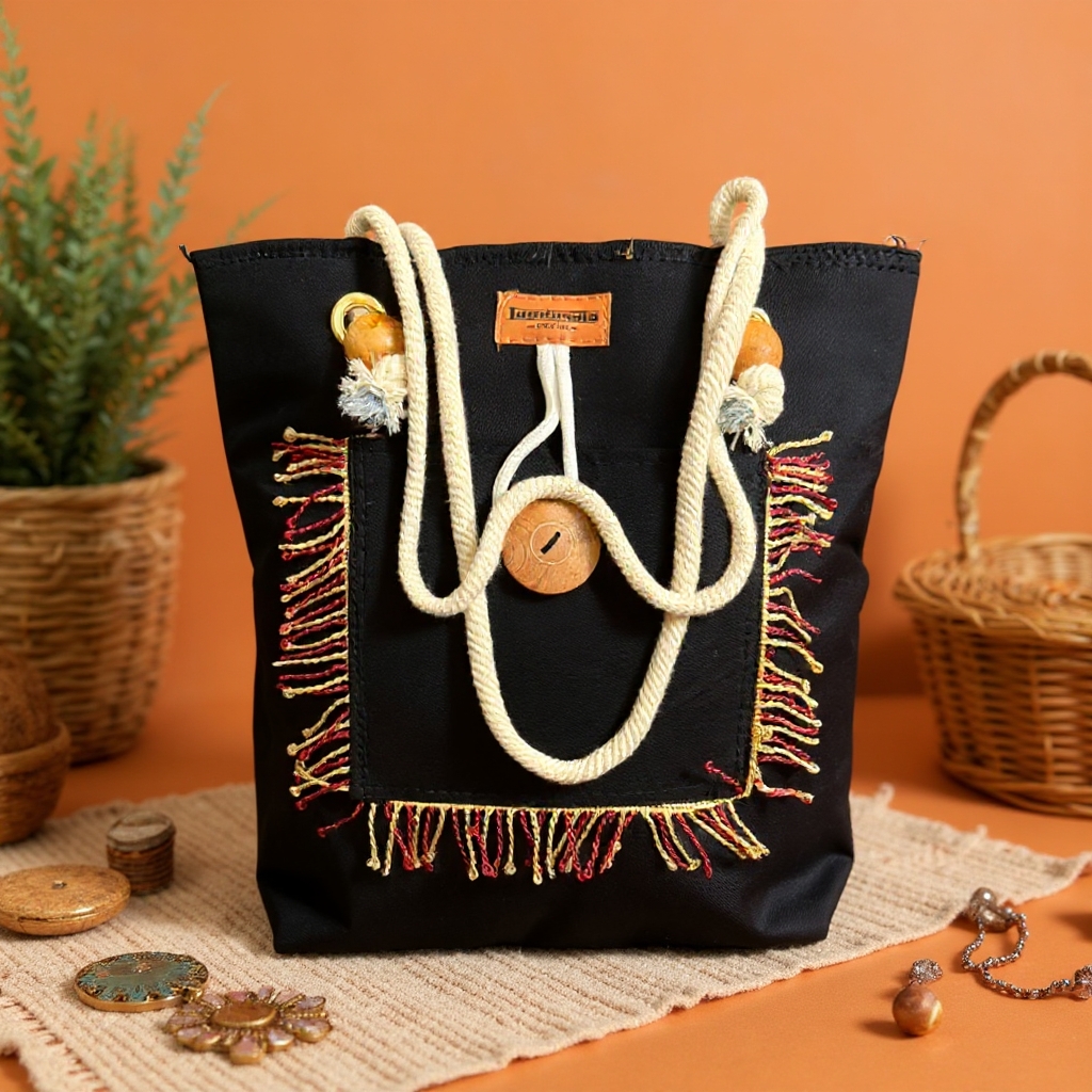 Stylish Tote Bag For Women Denim Canvas DS140 MULTI BLACK